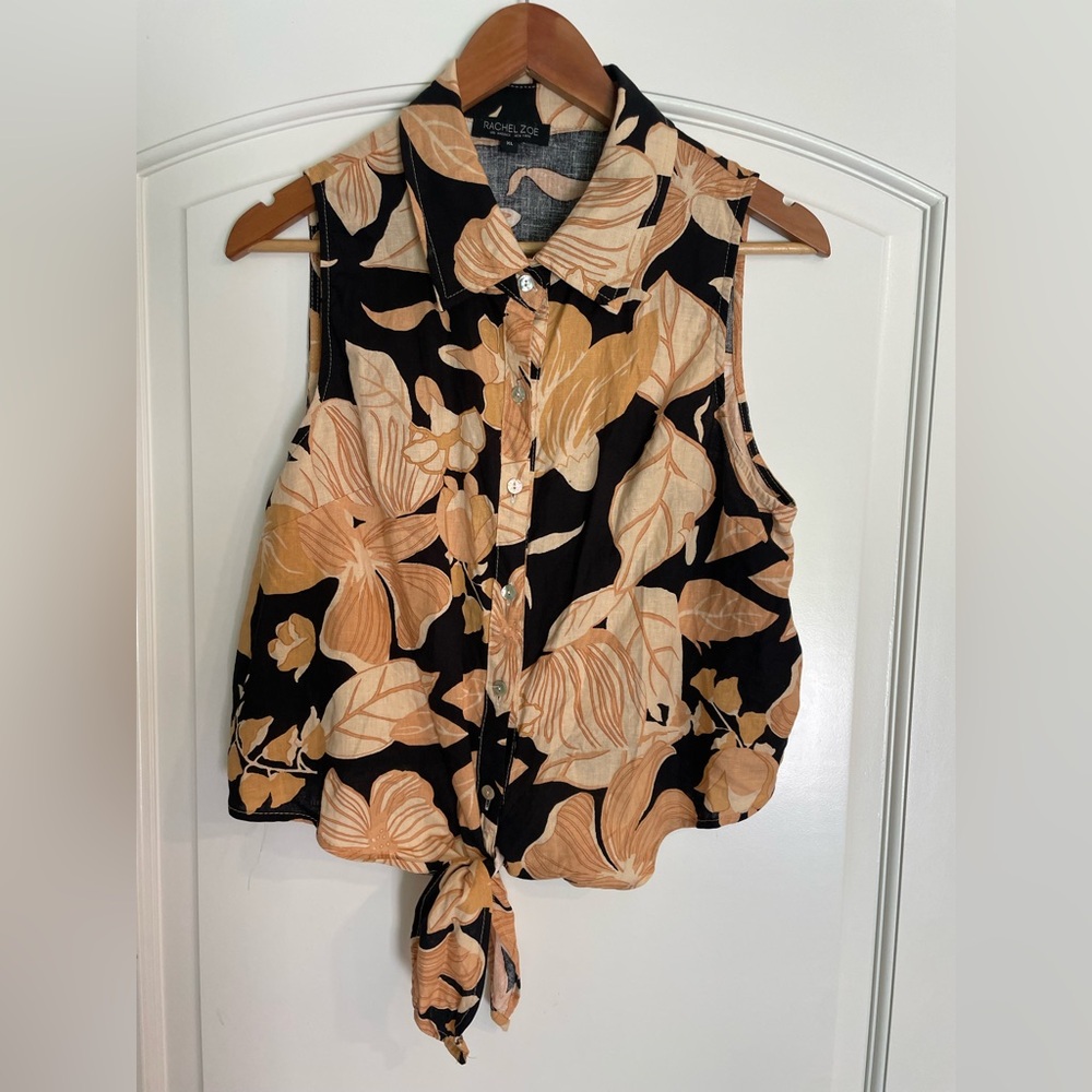Rachel Zoe Sleeveless Floral Tie-Front Button-Up Top Camisole Linen Blend